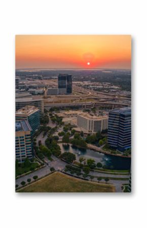 Aerial View of the Plano, Texas Business District during Summer Sunset