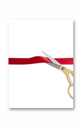 Grand opening, ribbon cut, gold scissors and red satin ribbon isolated on white, transparent