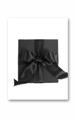 Black Friday Sale. Black gift box with ribbon bow isolated on white transparent, top view