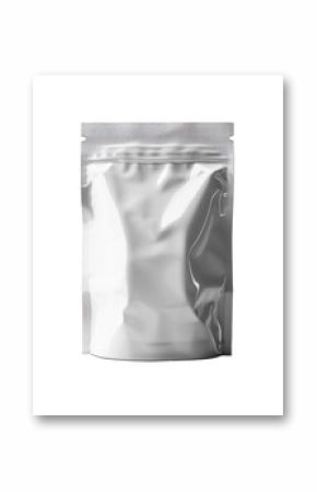 Blank foil food packaging pouch standing up isolated on a white background