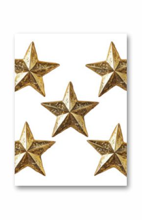 Five golden glitter stars are laying on a white surface, providing a festive holiday theme