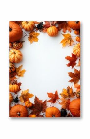 A festive autumn vertical frame with vibrant fall leaves, pumpkins on a white background