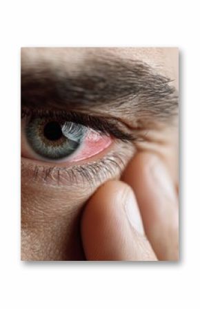 Close-up of red, irritated eye showing pain. Eye pain