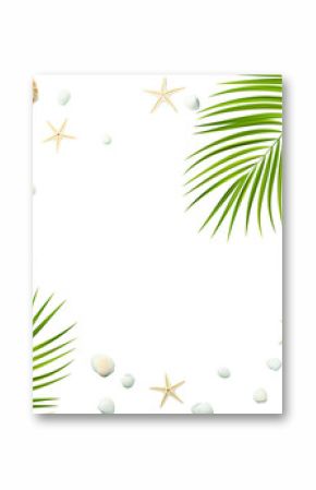 Tropical items frame a bright, warm summer travel theme, isolated on white, PNG