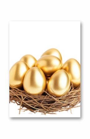Golden Eggs in a Nest: A close-up shot of shiny golden eggs nestled securely within a rustic bird's nest, symbolizing wealth, investment, and potential.