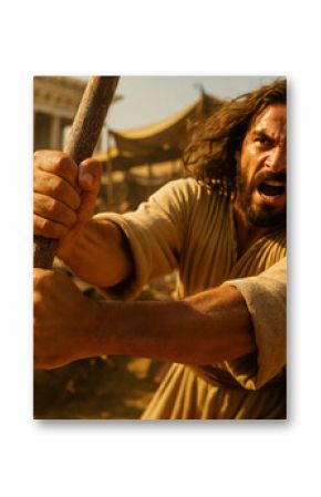 Jesus destroys the marketplace inside the temple in biblical protest. The Cleansing of the Temple