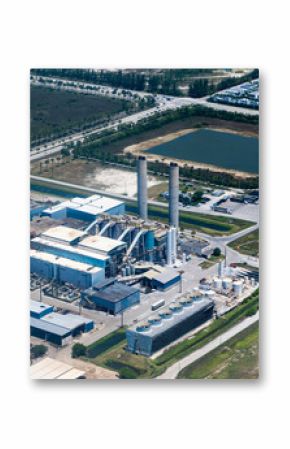 Industry urban area. Industrial zone with waste incineration plant. Incineration facility factory. Waste incineration plant, Miami Dade. Industrial facility of waste recycle. Aerial landscape
