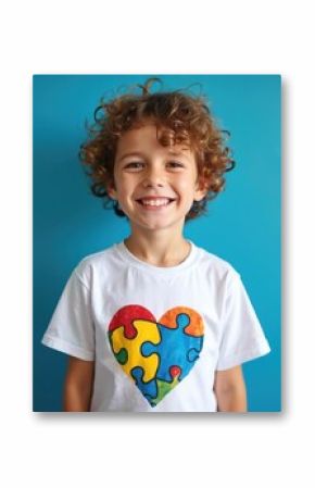 Smiling Caucasian boy in white t-shirt with World Autism Awareness Day symbol. Heart made of puzzle on blue background. Autism spectrum disorder concept, support.