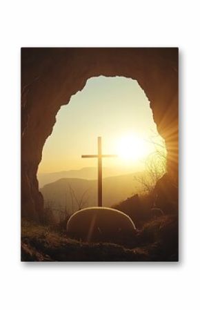 Empty tomb with the cross outside at sunrise on Easter, copy space for text, stock photo contest winner, beautiful background, photo of an empty cave,  
