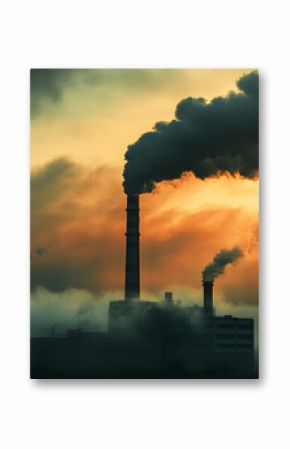 Factory with smokestaks pumping smoke pollution emissions into air lack of environmental concern environment at sunset  