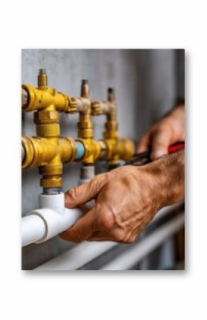 A skilled plumber expertly connects white pipes to complex gold-colored fittings, ensuring a leak-proof plumbing system for a modern home or commercial building.