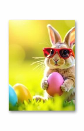 Easter bunny wearing sunglasses holding painted egg in green grass