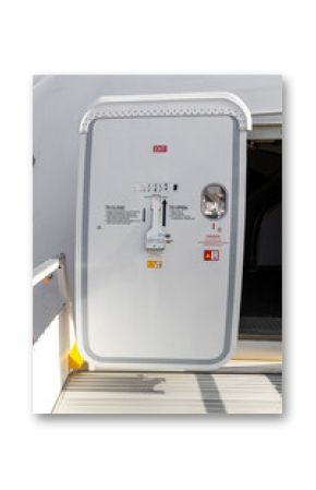 Open aircraft passenger door as seen from the stairs.