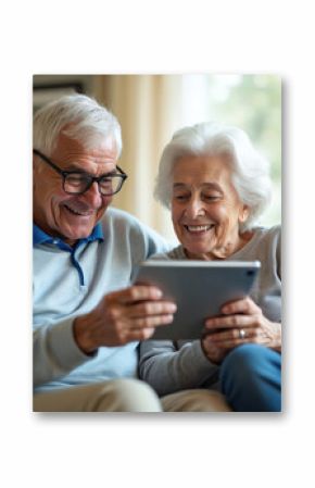 Happy senior couple enjoys video call on tablet at home. Smiling elderly man, woman communicate remotely online. Grandmother, grandfather have fun using tech, modern cyberspace connection.