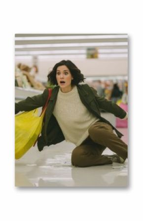 A woman slipping on a wet floor in the grocery store, expressing shock and surprise, holding a grocery bag, with a background of colorful produce and aisles.
