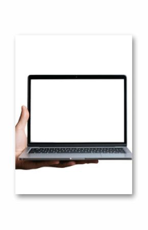 A person is holding a laptop with a white screen