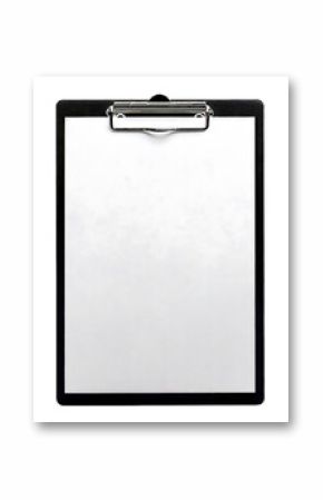 A clean, minimalist image of a black clipboard with a blank white sheet of paper.