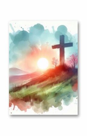 Watercolor Cross on a Hill at Sunset – Christian Hope and Resurrection Concept. AI generated illustration
