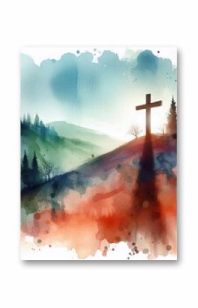 Watercolor Cross on a Hill at Sunset – Christian Hope and Resurrection Concept. AI generated illustration