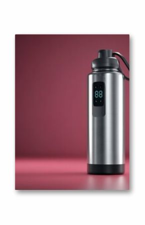 Smart water bottle, 3D render, hydration reminders display, stainless steel, fitness background