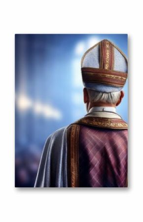 Back view of elderly caucasian male clergyman in traditional attire in cathedral setting