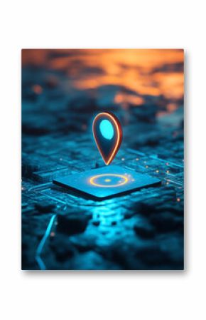 Glowing location pin on a digital circuit board futuristic technology concept