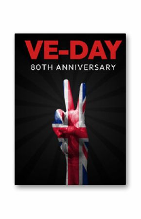 VE Day with Victory Hand gesture and painted United Kingdom flag, patriotic background. 80th anniversary of Victory in Europe concept backdrop