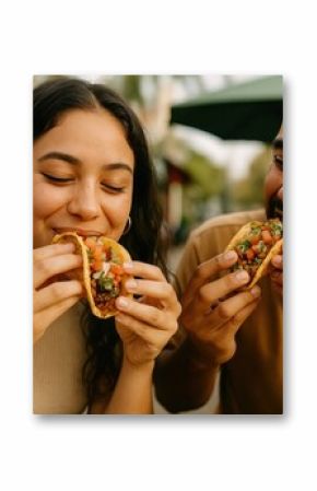 Joyful friends enjoying tacos together.