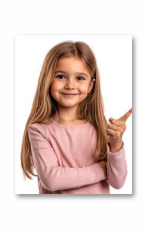 Smiling young girl confidently pointing to the side, suggesting direction, idea, or focus, isolated on white background