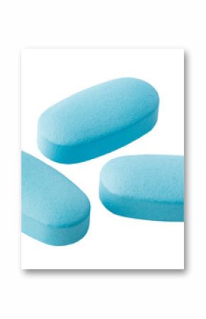Three light blue pharmaceutical pills on transparent background