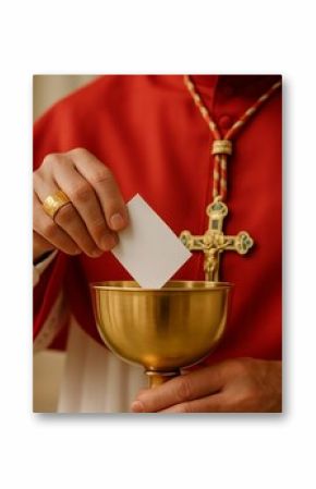 Hand of a cardinal voting for the nwe Pope by putting his name on card in a golden chalice at the conclave