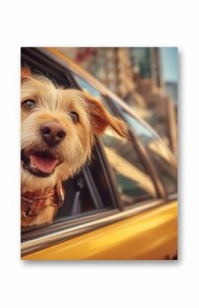 Happy dog looking out of a yellow taxi cab window in New York City, enjoying the urban cityscape view. : Generative AI