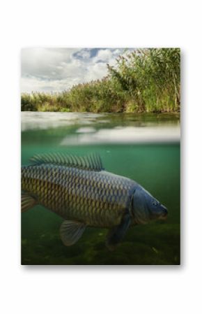 Fishing. Close-up shut of a fish carp underwater. Underwater background. 