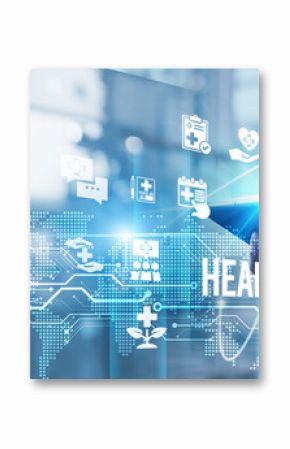 Businessman using tablet analyzing healthcare and technology-driven growth trends reveals the transformative impact of AI-powered diagnostics, telehealth expansion, digital innovation accelerating.