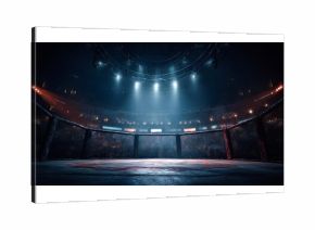 Illuminated by bright spotlights, a professional fighting arena exudes a dramatic atmosphere in the darkness, setting the stage for an intense and thrilling match ahead