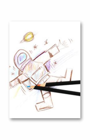 colorful wooden crayons and child's drawing of an astronaut in space, isolated on white background
