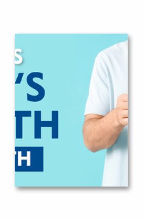 Young man with blue ribbon and paper mustache on color background, closeup. Prostate cancer awareness concept