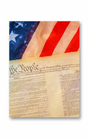 U.S. Constitution on an American flag symbolizes nation history, democracy, freedom.