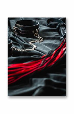 Black and red bdsm accessories on dark fabric