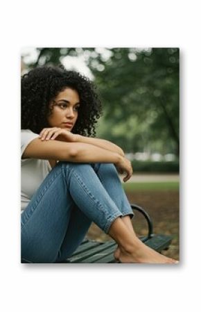 Young woman with curly hair sitting alone on a park bench, her posture shows signs of mental discomfort, concept of mental disorder.