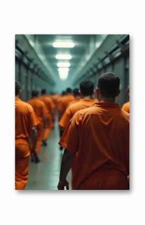 Group of prisoners in bright orange uniforms walking down dimly lit prison hallway. Harsh lighting creates tense atmosphere. Concept of crime punishment, incarceration. Focus on correctional system.