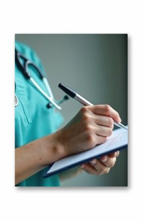 Close-up shot of nurse writing on clipboard, filling medical form in clinic. Healthcare worker holding pen, documenting patient data for report. Medical insurance and documentation.