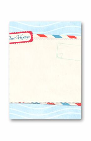 Horizontal travel background with retro postcard on vintage paper of blue color and wave pattern. Bon Voyage - Have a nice trip, in French. Topic of travel, trip abroad on vacation, cruises and tours