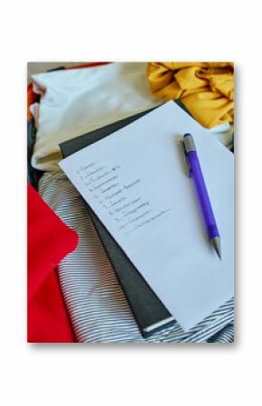 Handwritten checklist and pen on top of colorful folded clothes inside open suitcase. Concept of travel planning and packing essentials for trip