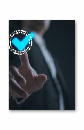 Businessman hand tick correct sign mark in checkbox quality document control checklist and business approve project concept DevOps concept, software development, IT operations, agile programming
