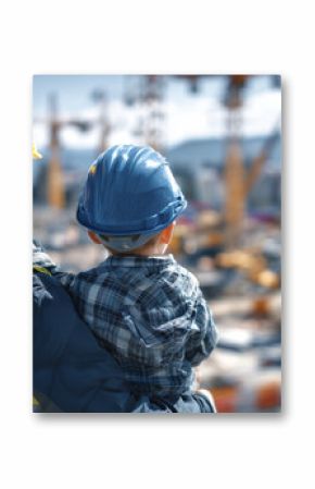 Young boy sits on his dadâs shoulders as they wear matching construction uniforms, surveying a busy construction site with cranes, trucks, and teamwork around