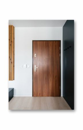 Modern wooden front door leading into an elegant residential hallway space