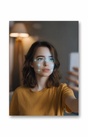Woman using facial recognition on smartphone at home