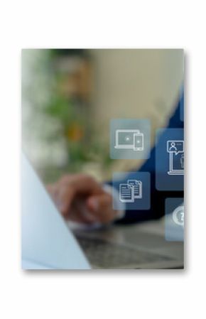 Online Education and E-Learning Concept. Interacts with virtual education icons on a digital interface, remote and online learning, digital training, webinars on the internet for personal development.