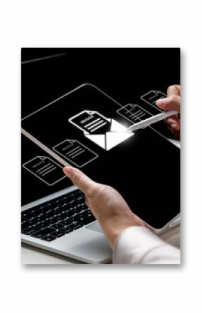 Businesswoman using a tablet with an invoice and mail icon. Laptop on the table. Technology innovation on a virtual screen. Concept of E-invoice and online digital statements
